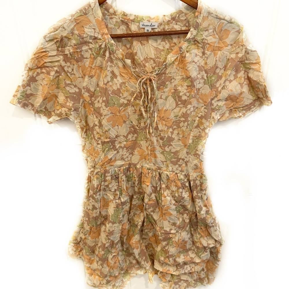 Steven Alan Floral Print Dress Warm Fall Colors Short Sleeve Tiered Skirt Cotton
